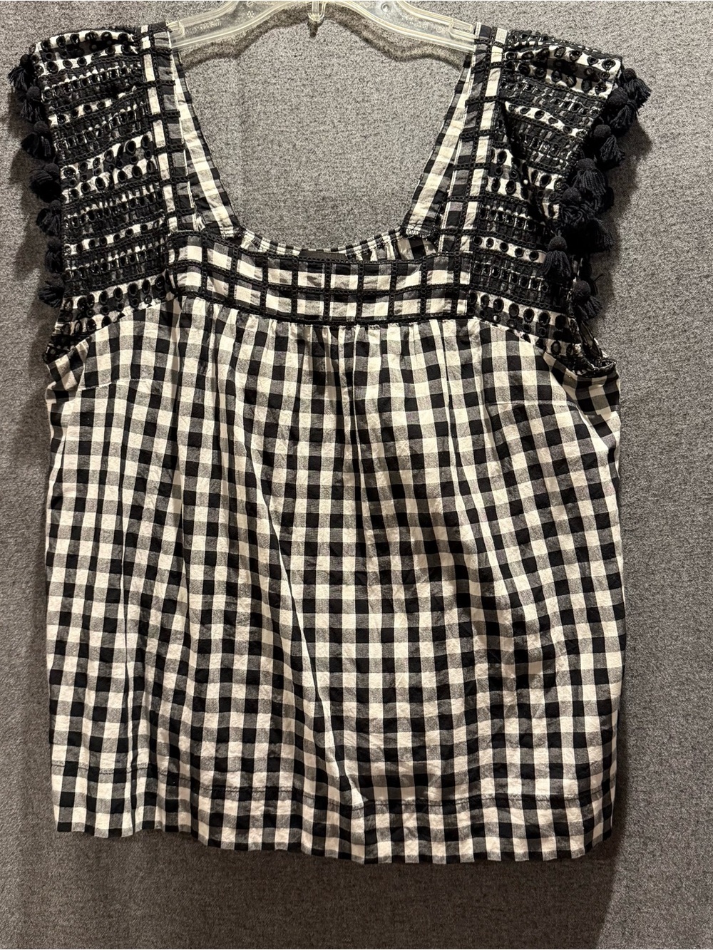 J.Crew Gingham Pom Pom Top Black White Plaid Blouse Cap Sleeve Cotton